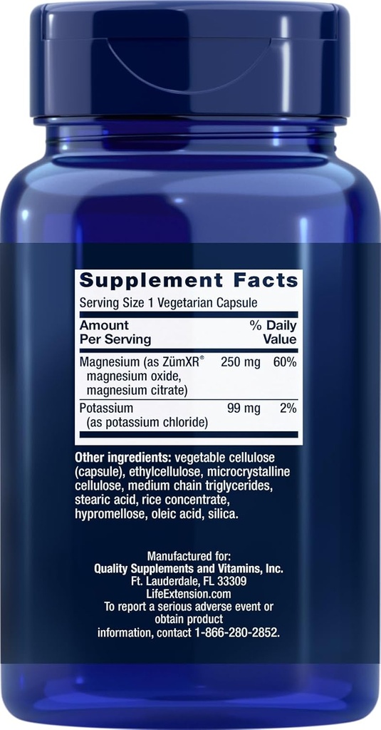 Extensión de vida 99mg Potasio con Magnesio de liberación extendida 250mg, 100 caps de veg - Libre de gluten – No-GMO – Suplemento vegetariano para hombres y mujeres - Dual-Action Mineral Formula