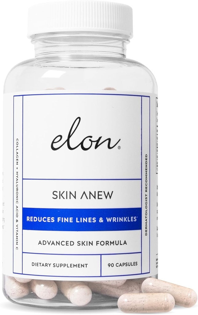 Elon Skin Anew with Hydrolyzed Collagen " Hyaluronic Acid " Grape Seed Extract " Antioxidants ¦ Hydrating " Anti Aging Supplement for Vibrant Skin Health (90 Capsules)