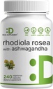 SUPLEMENTO DEAL Rhodiola Rosea con Ashwagandha, 240 cápsulas vegetales – Max Strength 10:1 Extracto de raíz – Suplementos Adaptógenos para la Relajación, Energía, " Salud cerebral* – No GMO