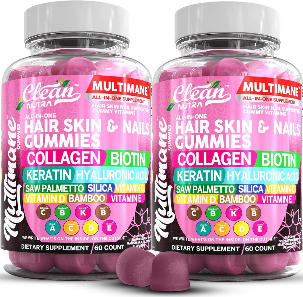 Multimane Collagen Gummies with Biotin Keratin Hyaluronic Acid Bamboo Vitamin A C Vitamin D Vitamin E Folate Saw Palmetto Silica B3 Vitamins Hair Skin and Nails Gummies by Clean Nutra