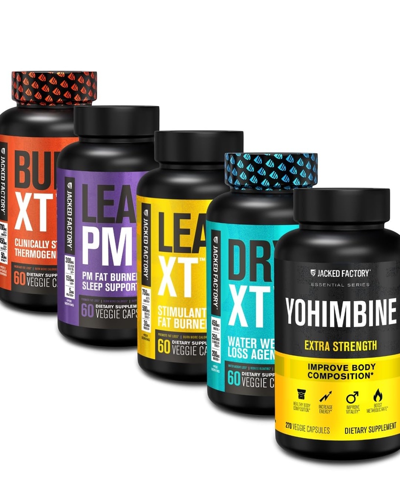 Jacked Factory Thermogenic Fat Burner Weight Loss Supplement - Burn-XT Thermogenic and Lean PM Nighttime Weight Loss Sleep Aid - Lean-XT Caffeine-Free Fat Burner, Yohimbine Capsules, Dry XT Diuretic
