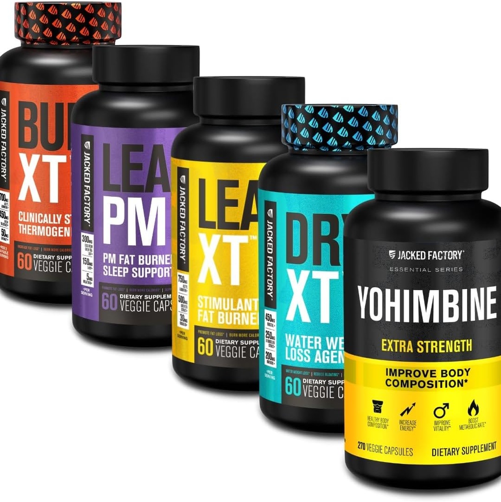 Perder peso de quemador de grasa de fábrica Jacked Suplemento de pérdida de peso - Burn-XT Thermogenic and Lean PM Nighttime Weight Pérdida de sueño - Lean-XT Caffeine-Free Fat Burner, Yohimbine Capsules, Dry XT Diuretic