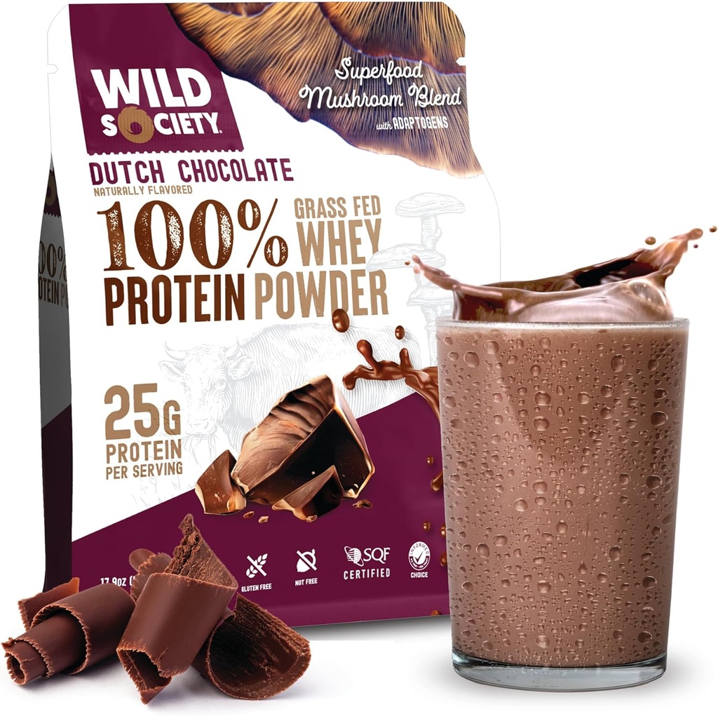 WILD SOCIETY - Premium 100% Grass Fed Whey Protein Powder + Superfood Mushrooms & Adaptogens - 25g Protein, Clean Protein Powder, 0 Añadido Sugar, Non GMO, Gluten Free - Dutch Chocolate - 17.9 oz