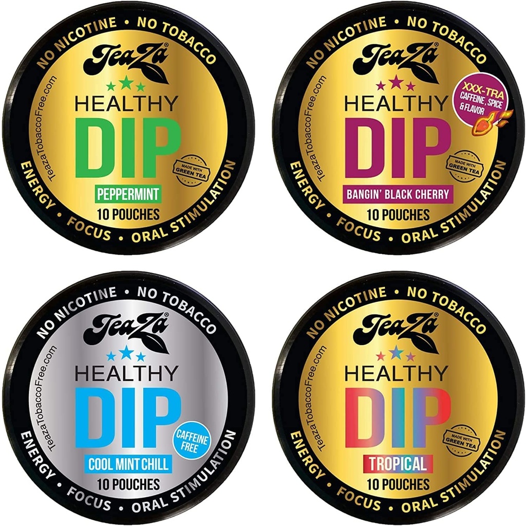 Nuevo Teaza Herbal Energy Pouch Mixed (4 pack) Peppermint-Tropical-Cool Mint Chill-Banging Black Cherry