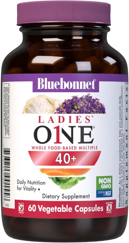 Bluebonnet Nutrition Ladies’ ONE 40+ Whole Food-Bed Multiple, Women Multivitamin for Women 40+, Soy-Free, Non-GMO, Gluten Free, 60 cápsulas vegetales, 60 servicios