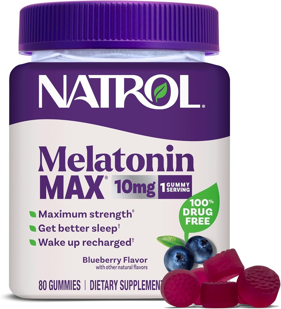 Natrol Melatonin 10mg Suplemento de Ayuda para el sueño, 80 Conde MelatoninMax Gummies, Blueberry Flavor, 10 mg Melatonin Gummies para la insomnio ocasional, 80 Day Supply