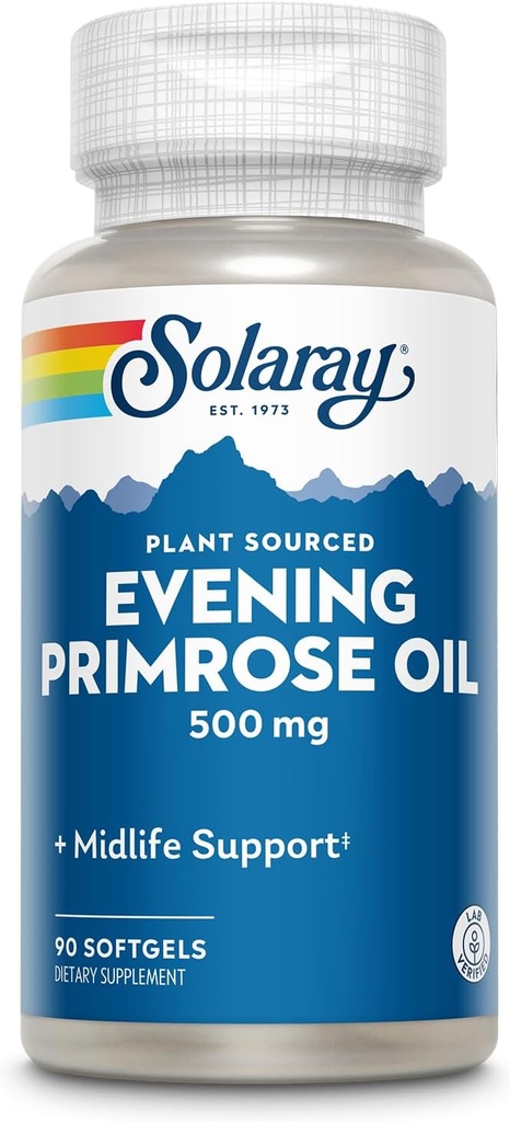 SOLARAY High Potency Evening Primrose Oil 500mg - Midlife Support - Source of Gamma Linolenic Acid and Linoleic Acid - No Solvents, Cold Pressed - 90 Servings, 90 Softgels