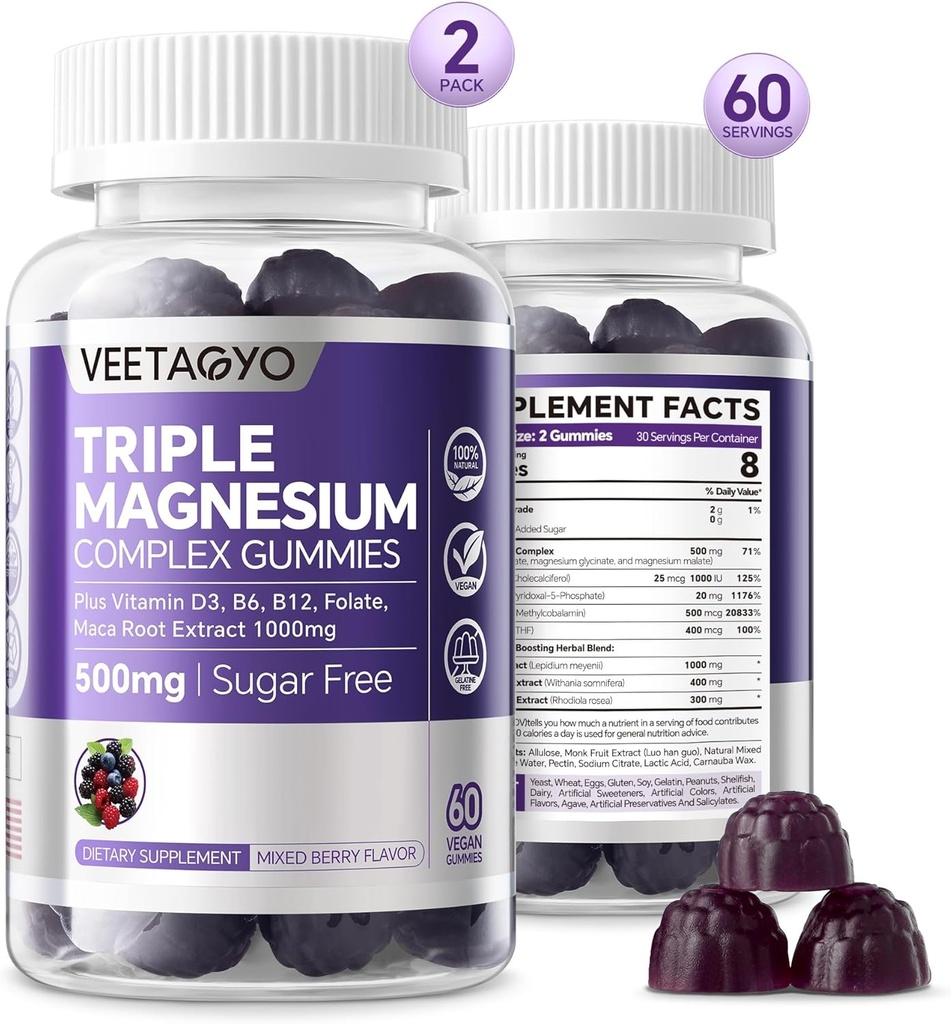 Magnesio Gummies 500mg 400mg ← High Absorption, Bone, Nerves, Muscle tención 3 Formas de Magnesium Complex Suplemento Glycinate,Taurate,Malate peru Adults - Vegan,Sugar Gratis,120Cts