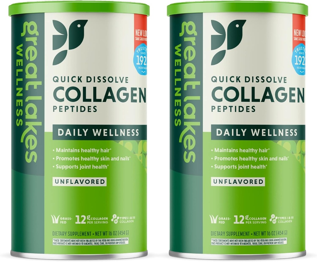 Grandes Lagos Wellness Collagen Peptides Polvo para la piel, el pelo, uñas, juntas " Digestión - Desarrollado - Quick Dissolve Hidrolyzed, Non-GMO, Keto, Kosher - 16 oz - 2 Packaging May Vary