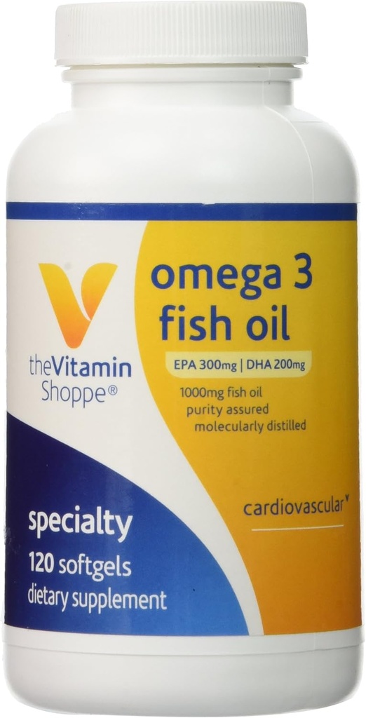 Vitamin Shoppe Omega 3 Fish Oil 1000mg, EPA 300mg & DHA 200mg, Purity Assured, Molecularly Distilled to Support Cardiovascular, Joint and Brain Health (120 Softgels)