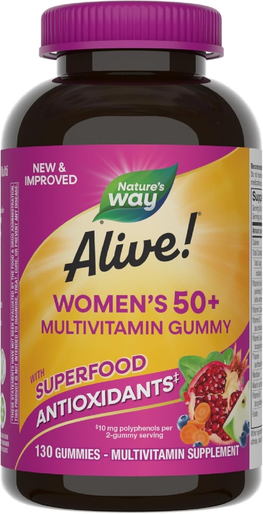 Nature's Way Alive! Women's 50+ Daily Gummy Multivitamins, Women's Supplements, Supports Healthy Heart, Brain & Bones,* B-Vitamins, Mixed Berry Flavored, 130 Gummies (Packaging May Vary)