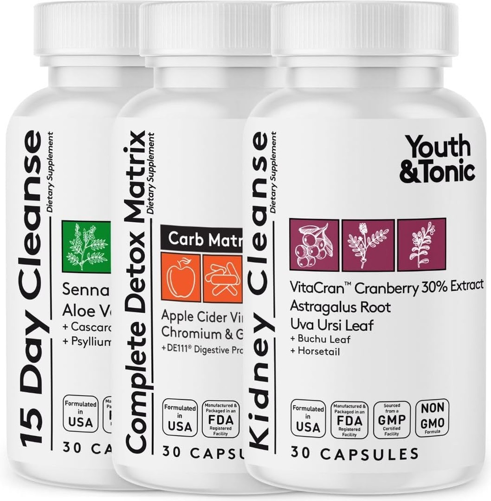 Full Body Cleanse 3pk Bundle ← 15 días Colon Cleanser y System Alkalizing with Complete Detox Matrix and Kidney Cleanse for Urinary Tract &amp; Bladder Health