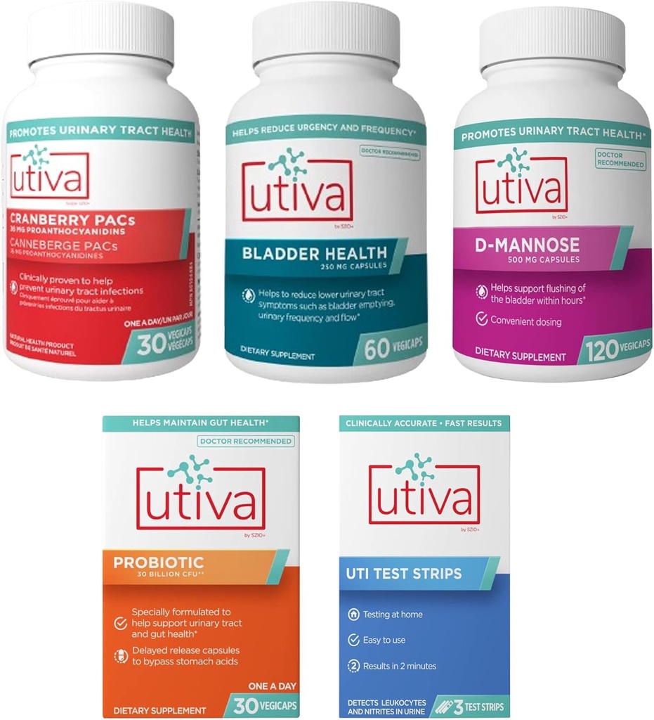 15% Bundle Utiva Cranberry PACs 30 Vegi Capsules + Utiva Bladder Health 60 Capsules + Utiva D-Mannose 500mg 120 Capsules + Utiva Probiotic 30 Delayed Release Vegi Capsules + Utiva UTI Fajas de prueba