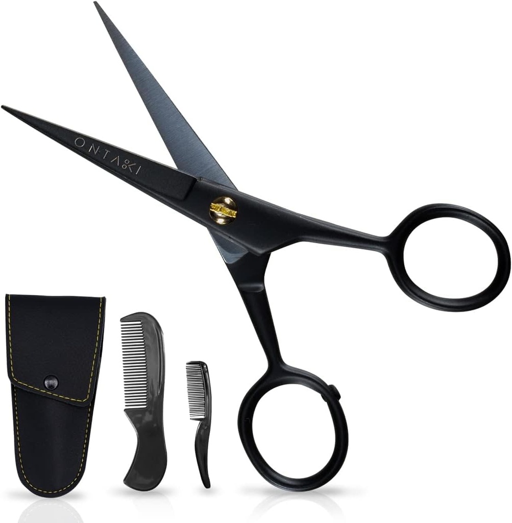Tijeras de bigote de Ontaki para hombres - 5 pulgadas, negro - alemán de acero de alta carbohidratos para la precisión - tijeras de corte de barba - Incluye kit de escoba con bigote " Peines de barba " Pouch