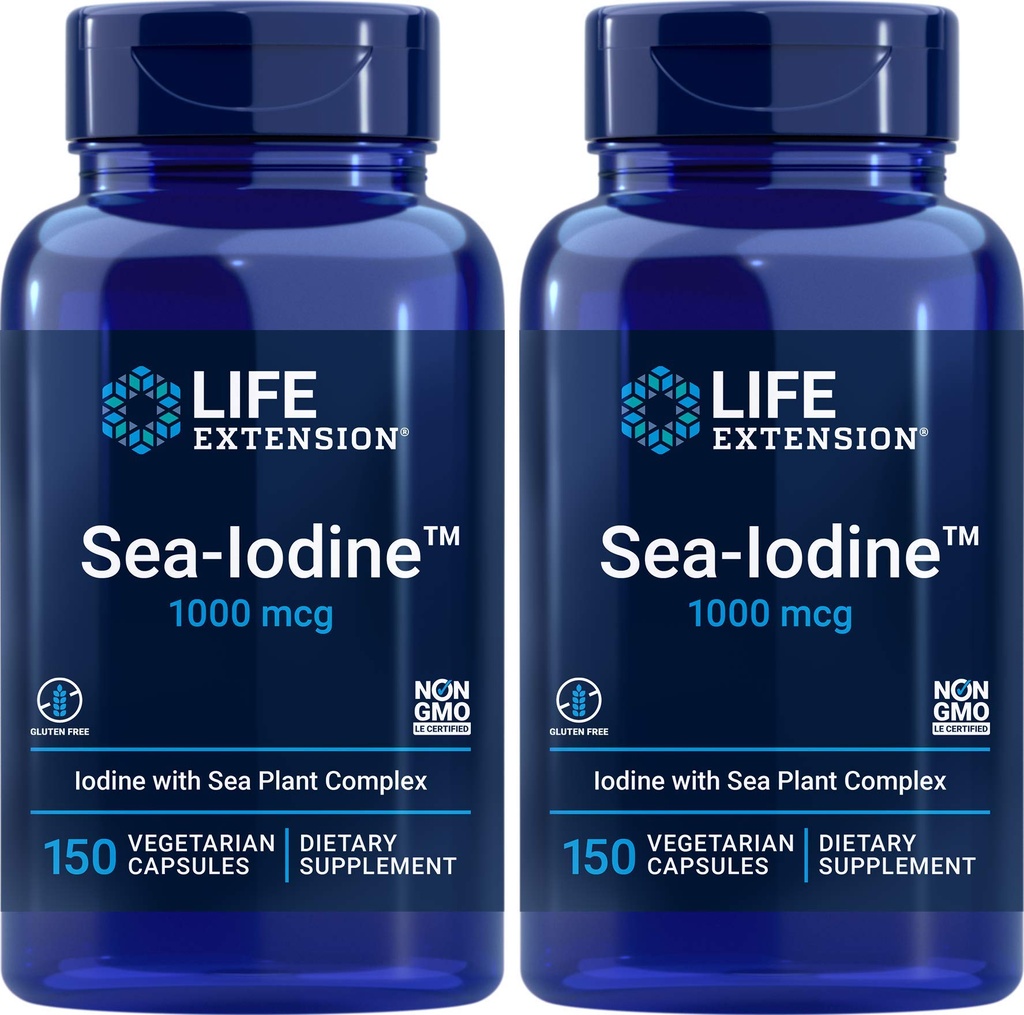 Extensión de la vida Capsules Sea-Iodine, 1000 mcg, 150 Veg Caps, Natural Iodine Suplemento de Kelp y Bladderwack