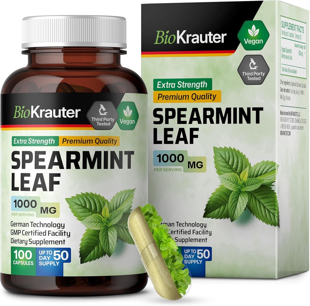 BIO KRAUTER Spearmint Capsules 1000 mg - 100 Conde - Vegan Spearmint Suplemento para el apoyo respiratorio digestivo - Mentha Spicata - No Fillers