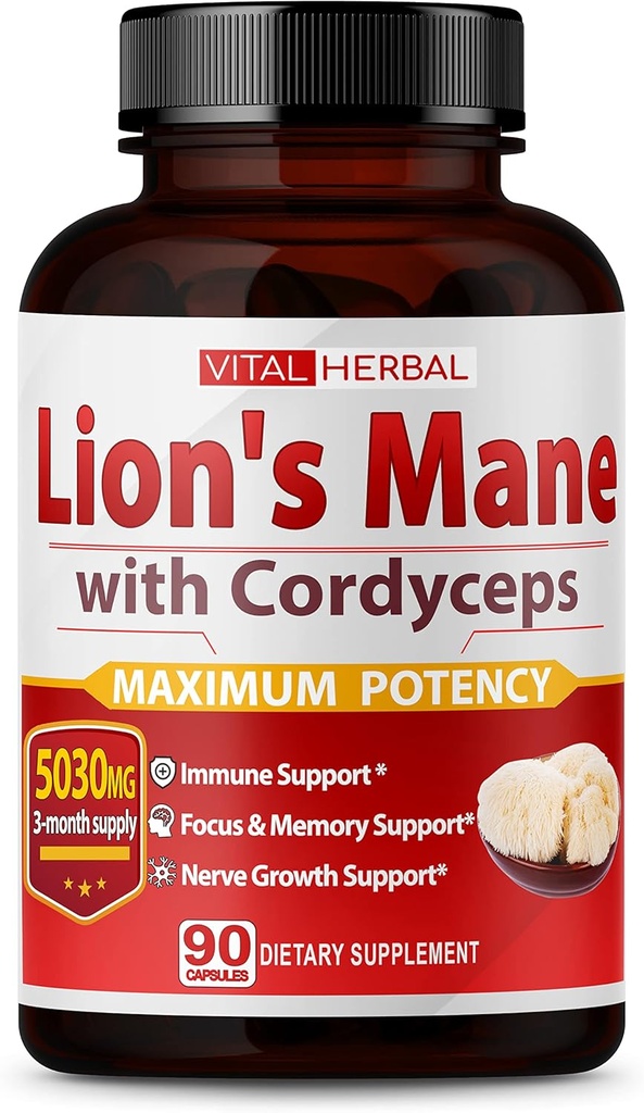 VITAL HERBAL Lions Mane Mushroom with Cordyceps Capsules Equivalente a 5030mg - Maximum Potency L-Theanine Ashwagandha Brain Supplement for Focus Memory Energy Mood Support 90 Days Supply