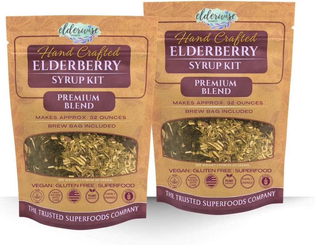Elderberry Syrup Kits 2X - Cada Hace Aprox. 32oz - Incluye Bolsas de Brewing - Ingredientes - Elderberries - Rosehips - Ginger - Echinacea - Cinnamon - Ropa - Elderwise