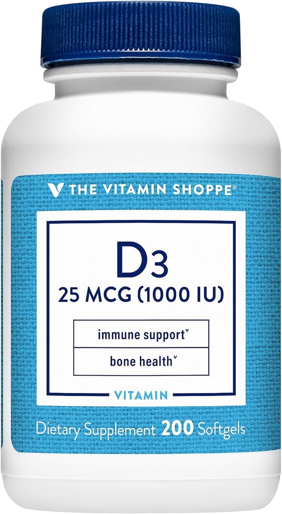 La vitamina Shoppe Vitamina D3 1000IU Softgel, apoya la salud ósea &amp; inmunológica, ayudas en el crecimiento celular " Absorción de calcio, libre de gluten " Una vez Daily Formula (200 Softgels)