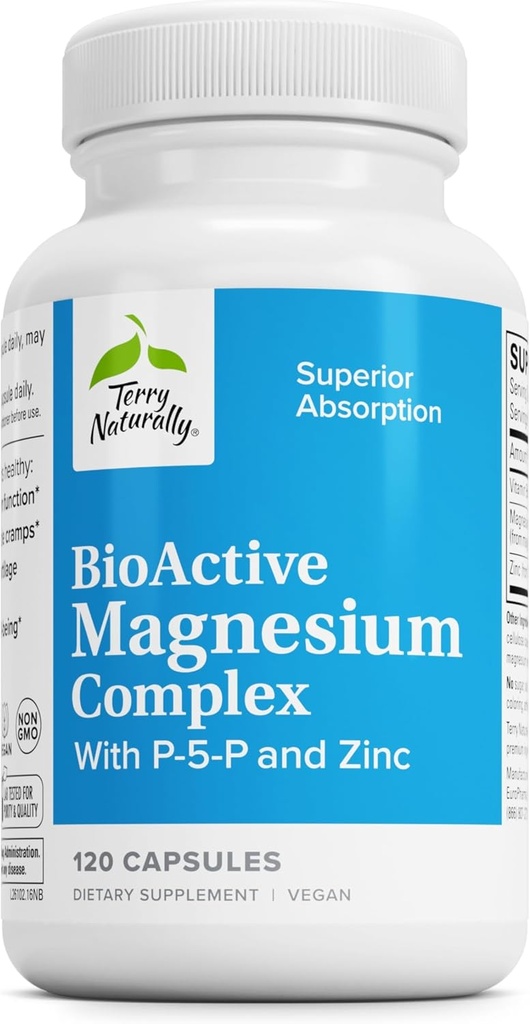 Terry Naturalmente BioComplejo de Magnesio Activo - Bono &amp; Heart Health Support - Suplemento con Vitamina B6, Zinc &amp; Magnesio - Pyridoxal-5-Phosphate Vegan Capsule Suplemento - 120 cápsulas