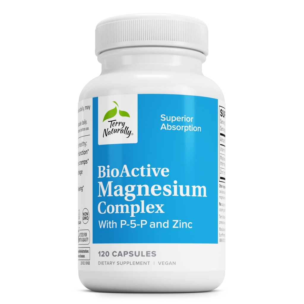 Terry Naturalmente BioComplejo de Magnesio Activo - Bono &amp; Heart Health Support - Suplemento con Vitamina B6, Zinc &amp; Magnesio - Pyridoxal-5-Phosphate Vegan Capsule Suplemento - 120 cápsulas