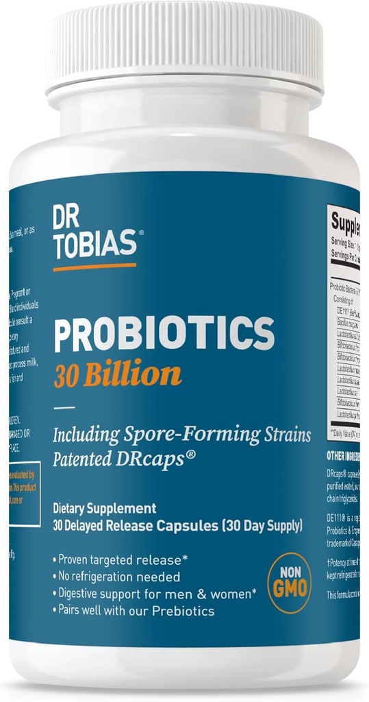 Dr. Tobias Probióticos 30 Billones, 10 Strains, 30 Billion CFU's, Probióticos de liberación dirigida para Mujeres Hombres, Apoya Salud Digestiva, Estante-Estable, No-OMG, 30 cápsulas, 30 Actuaciones