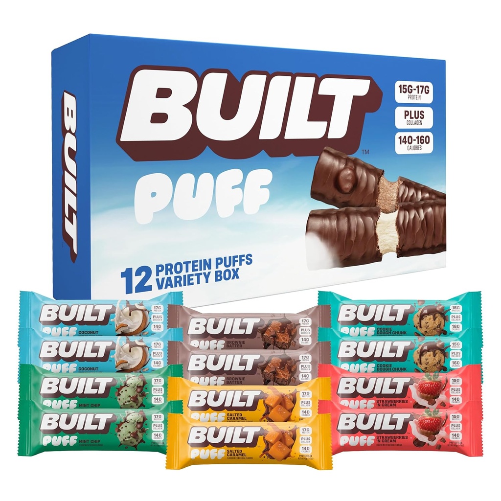Bar, Puff Protein Bar, Variedad Pack, Collagen, Snacks On-the-go, Bar de desayuno, Sampler mixto, 12 Pack
