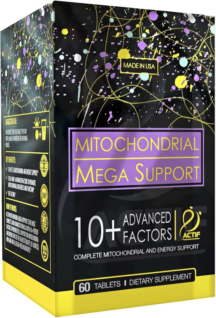 Actif Mitocondrial Mega Support con 10+ Factores avanzados - Non GMO, Fast Acting, Mitocondria and Energy Support, Made in USA, 60 Count