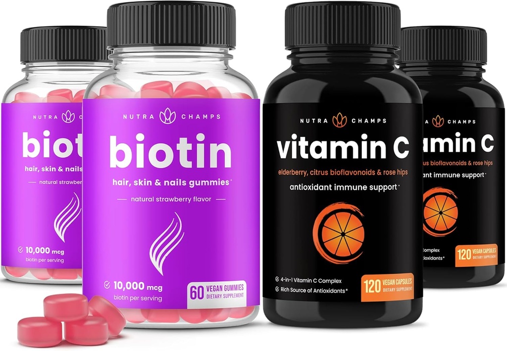 NutraChamps Biotin Gummies (2 Pack) y cápsulas de vitamina C (2 Pack) 4 Pack Bundle
