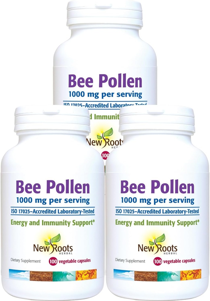 NUEVAS ROOTS HERBAL Bee Pollen Capsules 1000mg  durable All Natural Bee Pollen Suplemento (100 Conde x 3) Rico en Minerales, Vitaminas " Aminoácidos esenciales para el soporte antioxidante y Vitalidad de las abejas