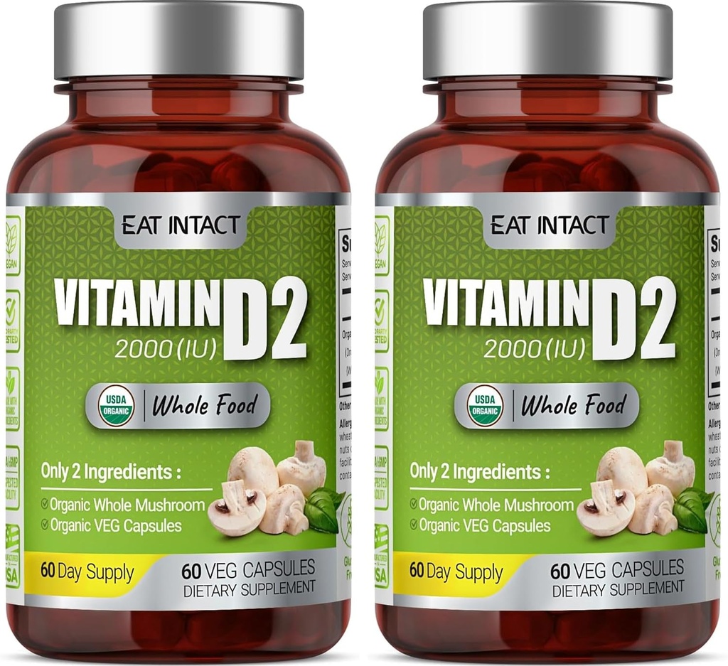 Alimentos orgánicos veganos enteros Vitamina D2 (2 Pack), 2000 UI (50 mcg), Dos ingredientes (Cápsula orgánica orgánica vegana), No GMO, 120 días de suministro