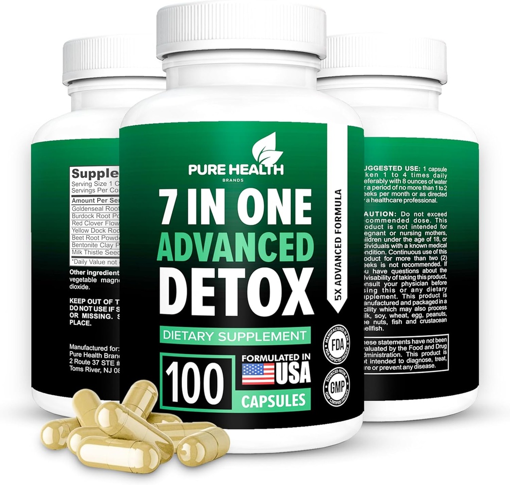Extra Strength Fast Acting 7-in-ONE Advanced Formula - Full Body Cleanse - Detox &amp; Liver Cleanse - Detox &amp; Liver Repair, All Natural Toxins Remover, Healthy Cleansing Support for Liver (100 cápsulas)
