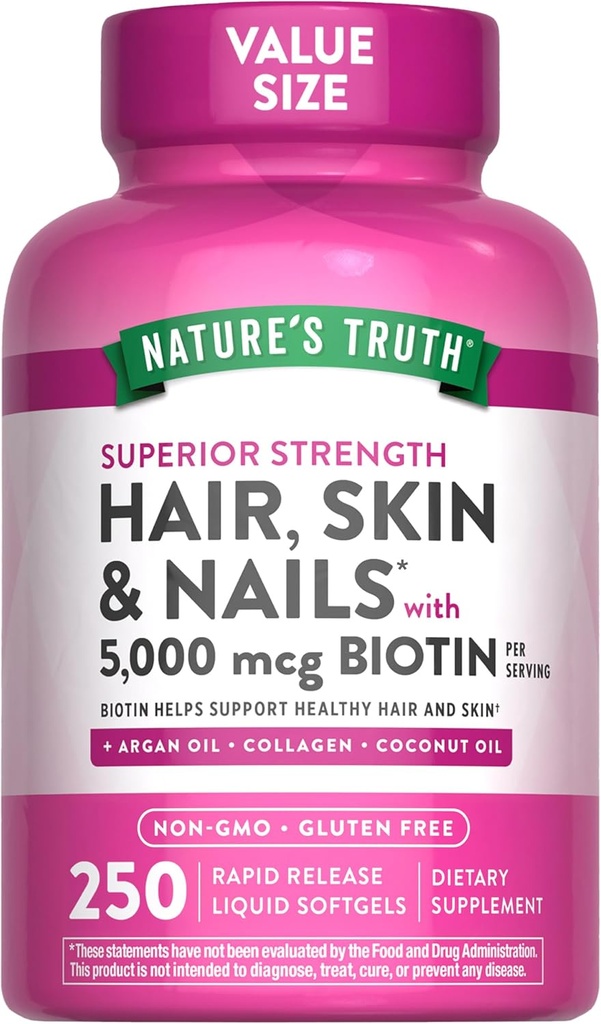 La verdad de la naturaleza Pelo, Esquín &amp; Nails Vitaminas TEN 5000mcg TEN 250 Softgels TEN Incluye Collagen, Biotin y Aceite de coco ← No GMO &amp; Gluten Suplemento gratuito para Mujeres y Hombres