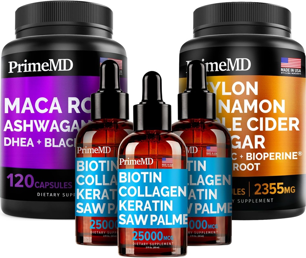 5-in-1 Ceylon Cinnamon (120ct), 4-in-1 Biotin Collagen Keratin Saw Palmetto (2 fl oz - 3 Pack) & 6-in-1 Maca Root Ashwagandha (120ct) Bundle - Energy, Mood, Hair, Skin & Immune Support Supplement