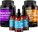 5-in-1 Ceilán Cinnamon (120ct), 4-in-1 Biotin Collagen Keratin Saw Palmetto (2 fl oz - 3 Pack) & 6-in-1 Maca Root Ashwagandha (120ct) Bundle - Energy, Mood, Hair, Skin &amp; Immune Support Supplement