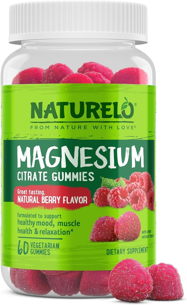 NATURELO Magnesium Citrate Gummies - para la calma &amp; Relax Support, Natural Berry Magnesium Gummies, 60 Gummies Vegetarianos