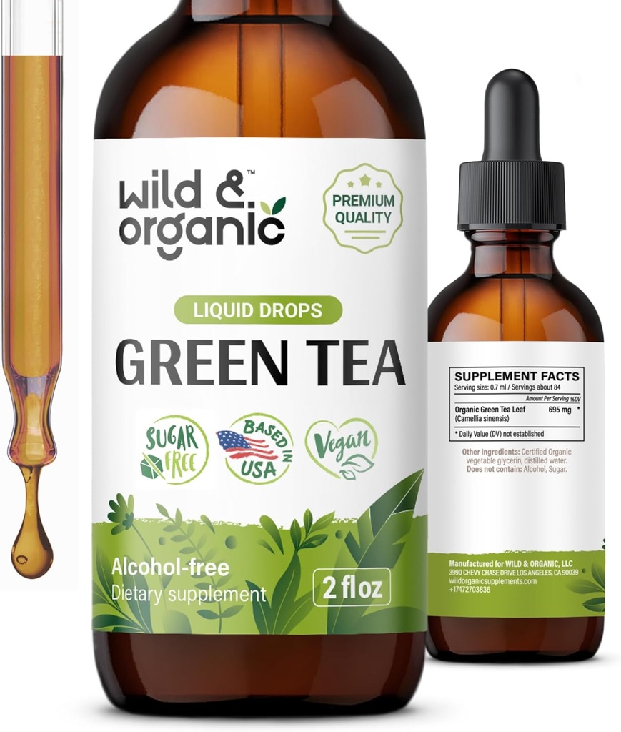 Wild &amp; Organic Green Tea Extract Liquid Drops - Antioxidant Suplemento - Natural Green Tea Suplementos w/Camelia Sinensis - Vegan, Azúcar &amp; Alcohol-Free Tintura - 2 fl oz