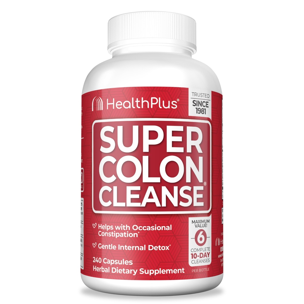 Health Plus Super Colon Cleanse 60 Day Supply of Gentle Gut Cleanse Detox, Psyllium Husk, Probiotics for Constipation Relief " Digestive Support, 240 Capsules