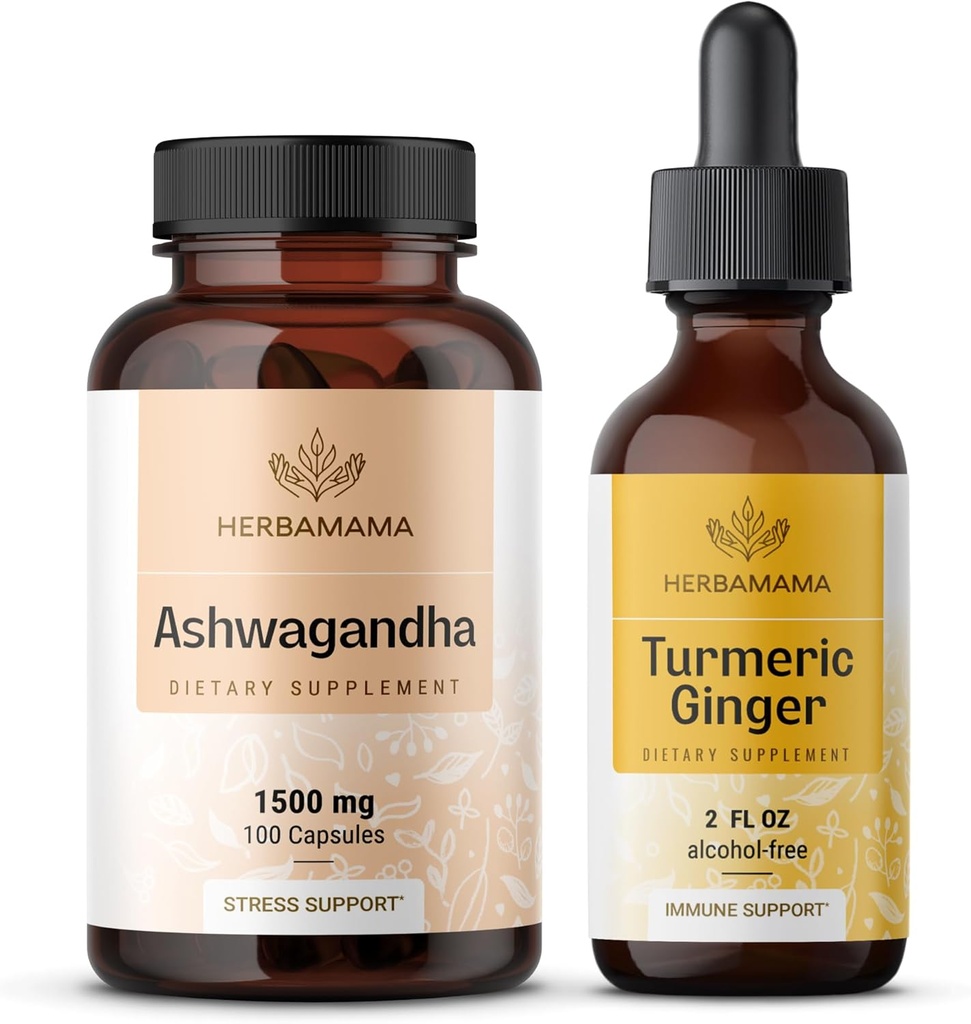 HerBAMAMA Ashwagandha y kit de jengibre tormérico - Agrupo de 1500 mg Ashwagandha Root Capsules " Turmeric Ginger Tincture 2 fl oz - Vegan, No GMO, Azúcar " Sin alcohol - 2 Pack