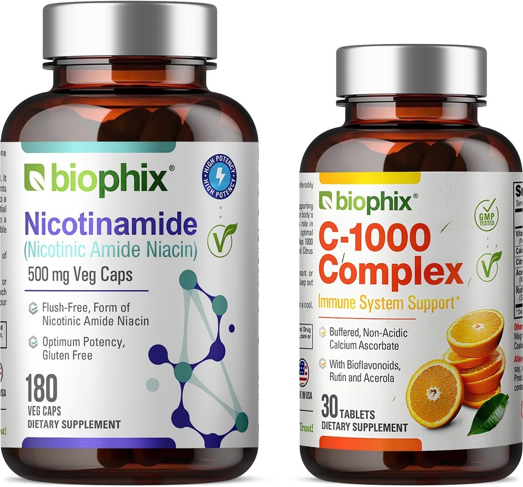 biofijo B-3 Nicotinamida 500 mg 180 Vcaps - Vitamina C-1000 30 Tablas - Amida niacina Niacina Vitamina Natural Libre de Flush Fórmula - Apoyo a la salud celular de la piel