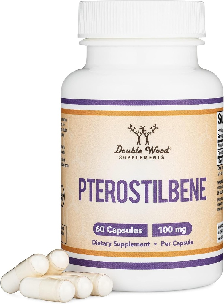 Pterostilbeno Suplemento 100mg cápsulas (Tercera Parte testada) 60 cápsulas, Superior a Resveratrol, Antioxidante para soporte de longevidad (No-GMO, Gluten Free) por Madera Doble