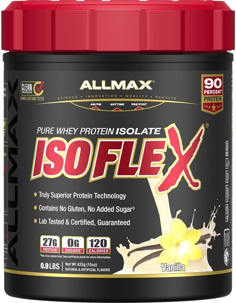 ALLMAX ISOFLEX Whey Protein Isolate, Vanilla - 1 lb - 27 Gramos de Protein Por Scoop - Zero Fat & Sugar - 99% Lactose Gratis - Gluten Free &amp; Soy Free - Aprox. 15 Servicios