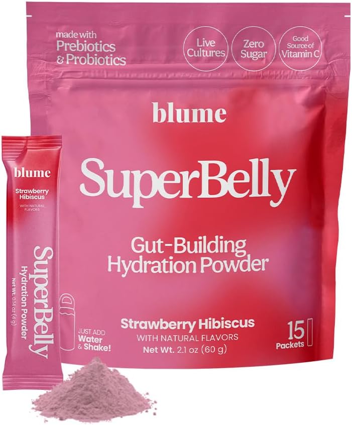 Blume New SuperBelly Gut Health and On-The-Go Hydration Packets, sin azúcar, con prebióticos, probióticos, vinagre de manzana, vitamina C y electrolitos, Hibiscus de fresa, 15 palos