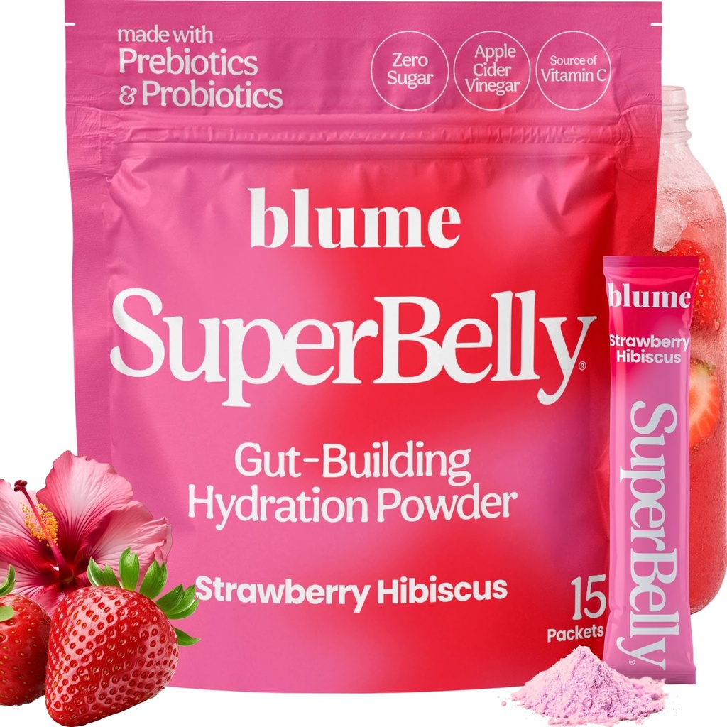Blume SuperBelly Gut Health + Hydration, Daily Sugar Free Probiotics, Prebiotic Fiber, and Electrolytes Powder Packets for Digestion Support, Stacked Water - Strawberry Hibiscus, 15 Sticks