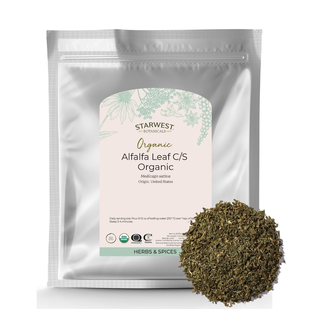 Starwest Botanicals Organic Alfalfa Leaf - Dried Loose Leaf Herb for Nutrition, Use in Tea, Juice, " Smoothies, Cut " Sifted, Certified Kosher, Non-GMO - Bulk 1 lb Bag