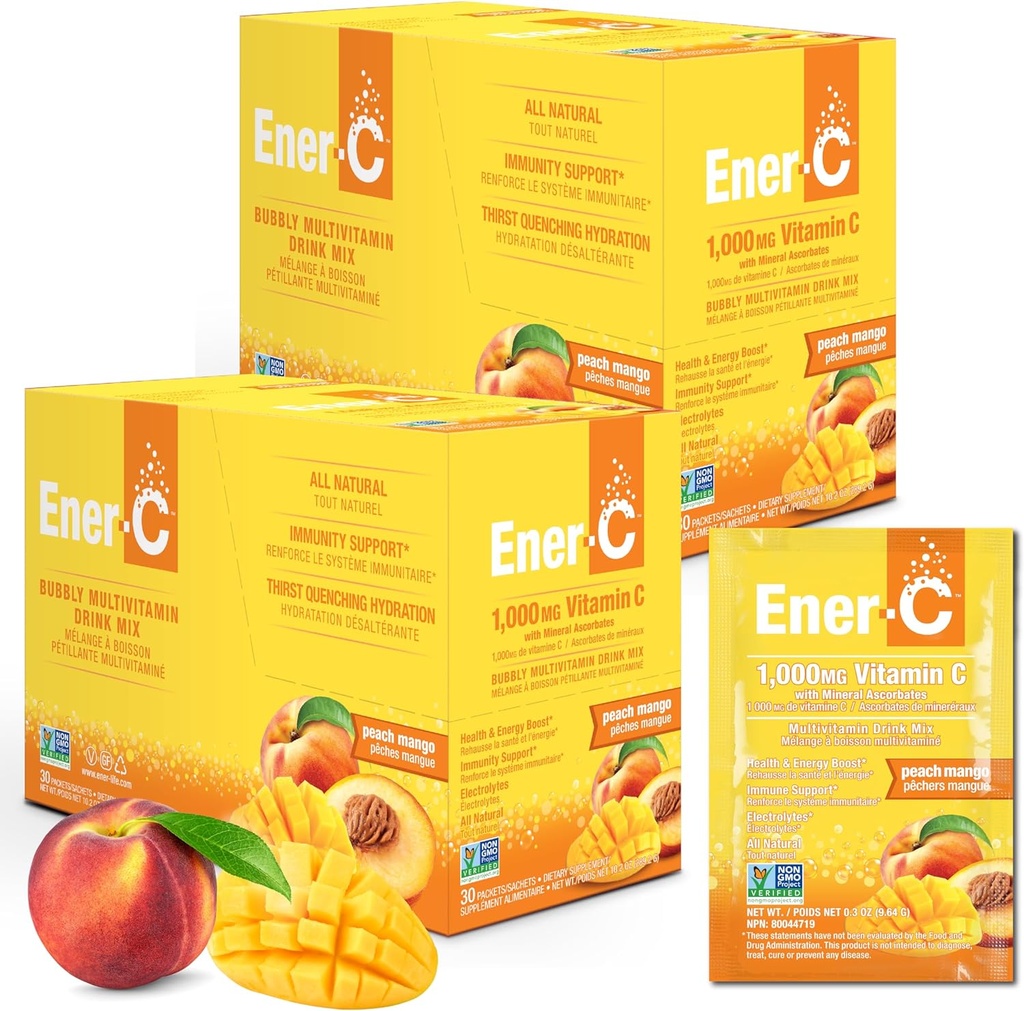 Mezcla de bebidas multivitamínicas ener-C - Packets de vitaminas para agua, paquetes de pólvora de electrolitos, mezcla de vitaminas, mezcla de líquido hidratante, boóster inmune para adultos, energía sana - mango de durazno, 60 conde