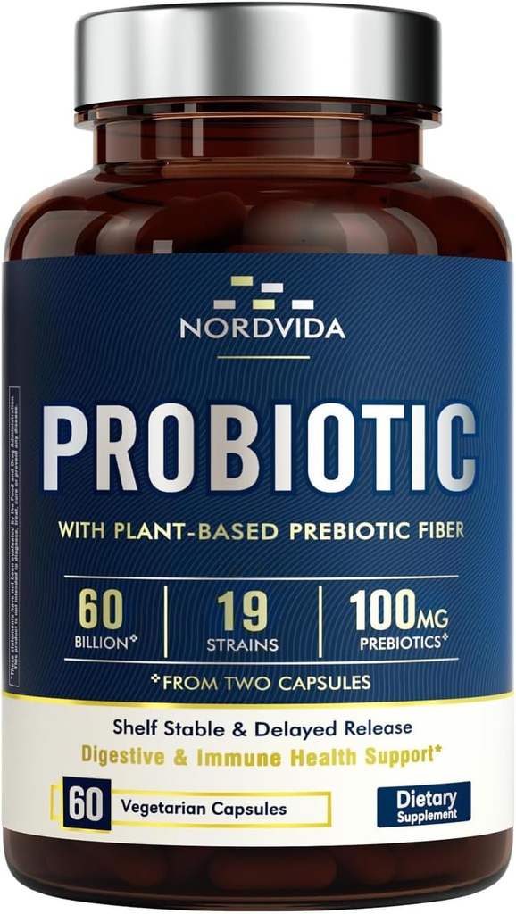 Probiótico 60 Billones 19 Strains con Prebiótico Orgánico para Mujeres, Salud Digestiva &amp; Inmunitaria, Estante Stable Delayed Release, No GMO No Dairy, 60 Caps Vegan
