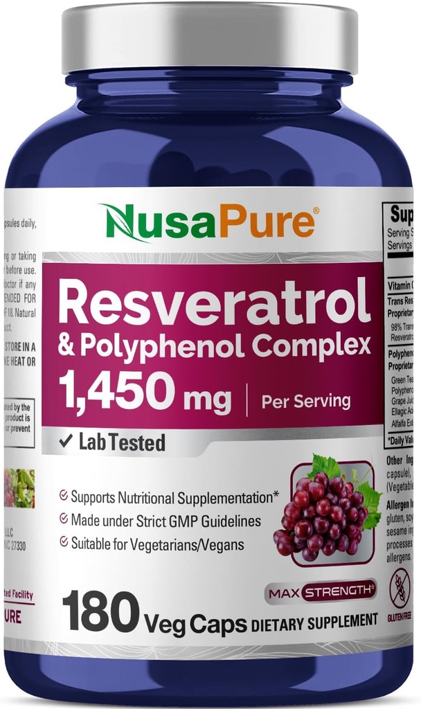 NusaPure Resveratrol &amp; Polyphenol Complex 1450mg 180 Vegetarian Caps (No-GMO, Vegan) Vitamina C