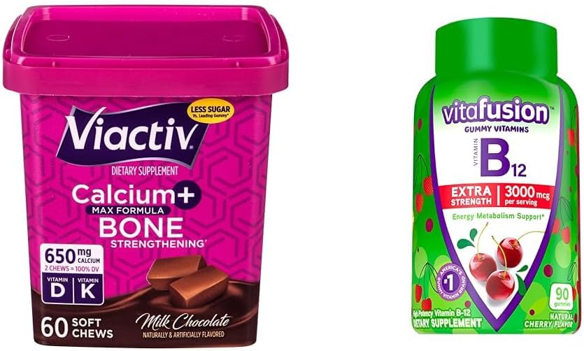 Viactiv Calcium +Vitamin D3 Supplement Soft Chews, Milk Chocolate, 60 Chews & Vitafusion Extra Strength Vitamin B12 Gummy Vitamins for Energy Metabolism Support