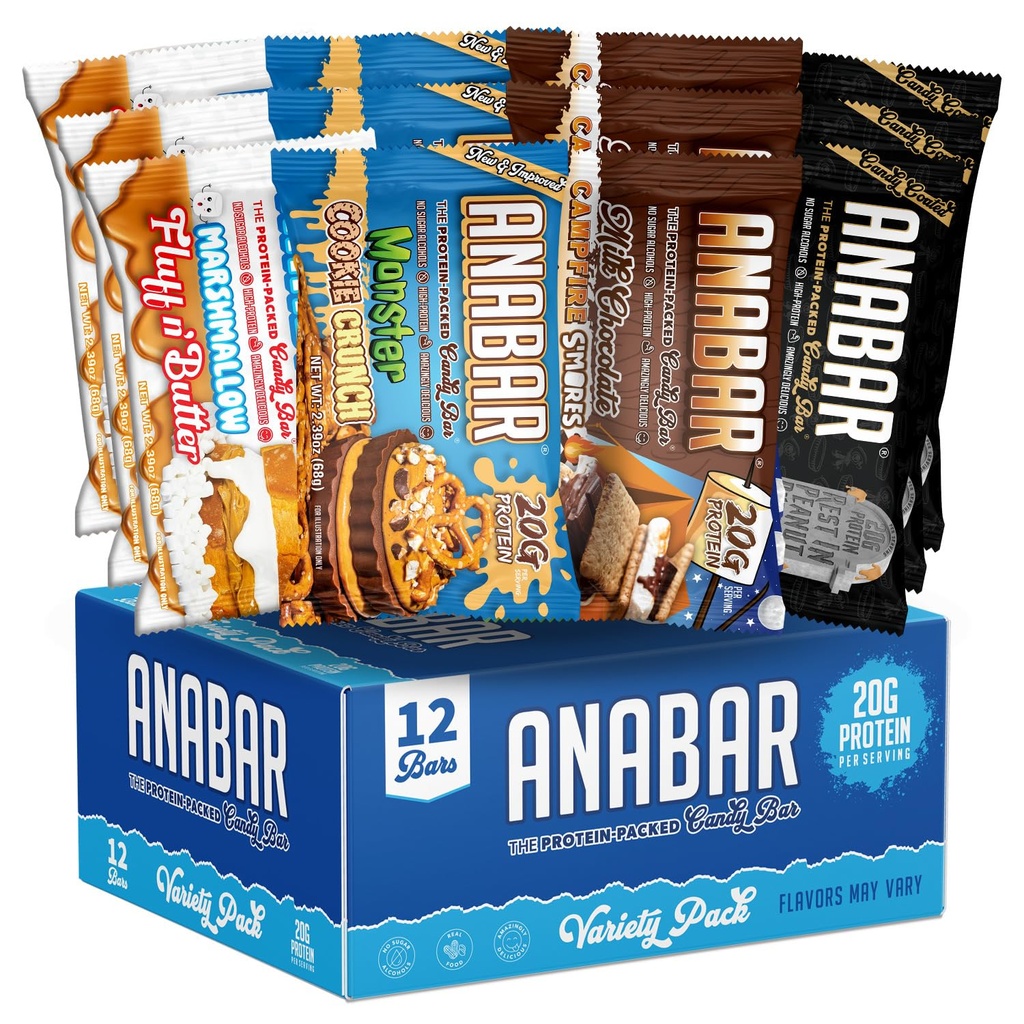 Anabar Protein Bar, The Protein-Packed Candy Bar, World's Best Tasting Protein Bar, No Sugar Alcohols, High Protein, Amazingly Delicious, 20 Grams of Protein (12 Bares, Variedad Pack)